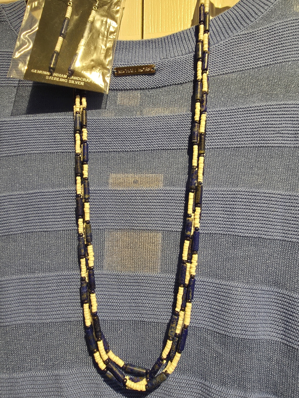 Native American Style Navy and Cream Bead Necklace And Matching Earrings